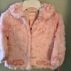 XOXO Girls Pink Faux Fur Coat with Floral Trim